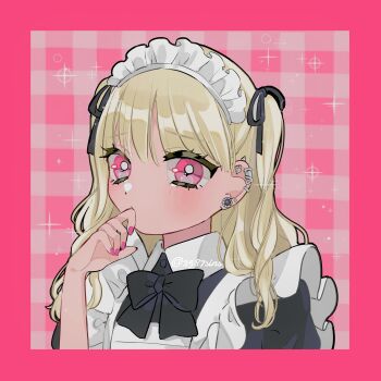 1girl amaharu_wasure apron black_bow black_bowtie black_dress black_ribbon blonde_hair blush border bow bowtie collared_dress commentary_request dress ear_piercing fingernails frilled_apron frills hair_ribbon highres long_hair looking_at_viewer maid maid_headdress nail_polish original piercing pink_background pink_border pink_eyes pink_nails plaid_background ribbon solo sparkle twitter_username two_side_up white_apron