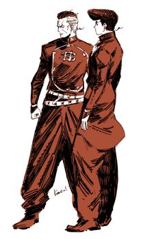 2boys bad_id bad_tumblr_id belt commentary crest diamond_wa_kudakenai dollar_sign english_commentary full_body gakuran higashikata_josuke jacket jojo_no_kimyou_na_bouken kotteri looking_to_the_side male_focus multiple_boys nijimura_okuyasu pants pompadour profile school_uniform simple_background white_background