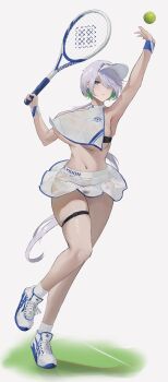 1girl absurdres ball breasts brid_(nikke) commission elvandec full_body goddess_of_victory:_nikke highres large_breasts navel racket second-party_source skirt solo sportswear tennis_ball tennis_racket tennis_uniform thigh_strap white_skirt