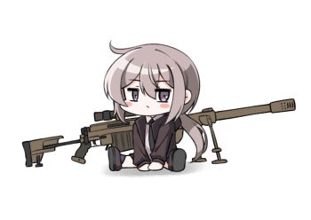 1girl black_necktie black_skirt blush_stickers bolt_action brown_coat brown_shoes cheytac_m200 chibi chibi_only coat commentary cowlick double-parted_bangs dress_shirt full_body girls&#039;_frontline gun hair_between_eyes highres jiwon_(sj1) long_hair looking_at_viewer low_ponytail m200_(girls&#039;_frontline) magazine_(weapon) muzzle_device necktie open_clothes open_coat ponytail pout purple_eyes rifle scope shadow shirt shoes sidelocks simple_background sitting skirt sniper_rifle solo very_long_hair weapon white_background white_shirt