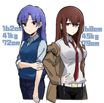 2girls blue_eyes blue_hair blue_sweater_vest breasts brown_coat brown_eyes brown_hair closed_mouth coat collared_shirt commentary_request cowboy_shot cropped_legs crossover hair_between_eyes hand_on_own_arm hand_on_own_hip height idolmaster idolmaster_(classic) imai_asami kisaragi_chihaya kuuma25_kuma long_hair looking_at_viewer makise_kurisu measurements medium_breasts multiple_girls necktie pants red_necktie science_adventure shirt side-by-side simple_background small_breasts standing steins;gate sweater_vest voice_actor_connection weight white_background white_shirt