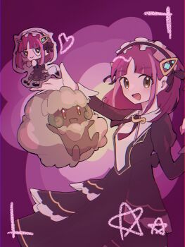 1girl absurdres arched_bangs black_dress brown_eyes closed_mouth demon_tail dress gen_5_pokemon green_eyes hair_ornament headdress heart highres lacey_(fall_2025)_(pokemon) lacey_(pokemon) long_sleeves looking_at_viewer maid maid_headdress nintendo official_alternate_costume open_mouth pink_hair pokemon pokemon_(creature) pokemon_masters_ex puffy_sleeves saltmusubi_12 short_hair smile star-shaped_pupils star_(symbol) symbol-shaped_pupils tail whimsicott
