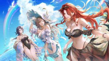 3girls beach bikini bird black_bikini black_one-piece_swimsuit black_sarong blue_eyes blue_hair blue_one-piece_swimsuit bracelet braid braided_ponytail breasts cleavage clothing_cutout criss-cross_halter detached_sleeves dutch_angle ermine estra_(sword_of_convallaria) eyewear_on_head flavia_(sword_of_convallaria) green_eyes grey_hair hair_over_one_eye hair_ribbon halterneck hand_on_headwear hat highres holding holding_swim_ring innertube jewelry long_hair luvata_(sword_of_convallaria) multiple_girls ocean off-shoulder_one-piece_swimsuit off_shoulder one-piece_swimsuit open_mouth ozzingo rainbow red_eyes red_hair ribbon sarong shawl stomach_cutout strapless strapless_bikini sun_hat sunglasses swim_ring swimsuit sword_of_convallaria tassel weasel