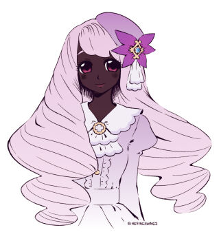1girl ascot center_frills cropped_torso dark-skinned_female dark_skin dress fascinator frilled_ascot frills hair_ornament highres jacinthe_(pokemon) juliet_sleeves light_blush long_sleeves looking_at_viewer low_drills mega_stone nintendo pokemon pokemon_legends:_z-a puffy_sleeves purple_dress purple_eyes purple_hair singsingswing2 smile solo very_dark_skin