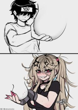 1boy 1girl @_@ absurdres bite_mark bite_mark_on_testicles black_choker black_gloves black_hair black_shirt blonde_hair blood blood_from_mouth blush breasts choker commentary derivative_work disembodied_breast disembodied_testicles dokidomiki english_commentary fingerless_gloves fingernails gloves grabbing_another's_breast grin groping hair_between_eyes hair_ornament hair_over_eyes hetero highres holding large_breasts long_hair looking_at_viewer messy_hair miki_(dokidomiki) mole mole_under_eye mole_under_mouth nail_polish original pink_eyes pink_nails shirt short_sleeves simple_background smile star_(symbol) star_hair_ornament striped_clothes striped_gloves sweat t-shirt testicle_grab testicles viewer_self-insert wavy_mouth white_background white_shirt