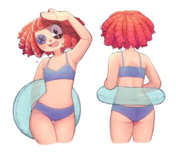 1girl bi_zukih bikini black_eyes blue_bikini button_eyes buttons commentary cropped_legs english_commentary highres holding holding_swim_ring innertube multiple_views official_alternate_costume open_mouth ragatha_(the_amazing_digital_circus) red_hair ringlets short_hair smile swim_ring swimsuit the_amazing_digital_circus triangle_nose
