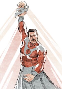 Rule 34 | 2boys, absurdres, arm up, bald, beard, black hair, bodysuit, cirenk, closed eyes, decapitated head, decapitation, facial hair, freddie mercury, grey bodysuit, highres, holding, holding detached head, invincible (series), look-alike, male focus, multicolored bodysuit, multiple boys, muscular, muscular male, mustache, outstretched arm, parody, pun, red bodysuit, short hair, thaedus (invincible), thragg (invincible), very short hair