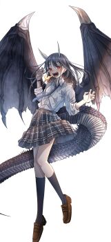 1girl absurdres aoki_ruri black_hair black_wings blue_necktie blush breath_weapon breathing_fire brown_shoes collared_shirt commentary_request dragon_girl dragon_horns dragon_tail dragon_wings eyelashes fire full_body highres horns kagura_(05410zura) loafers long_hair long_sleeves looking_at_viewer necktie open_mouth plaid_clothes plaid_skirt pleated_skirt polka_dot_necktie red_eyes ruridragon school_uniform sharp_teeth shirt shoes sidelocks simple_background skirt sleeves_rolled_up slit_pupils solo standing swept_bangs tail teeth white_background white_shirt wings