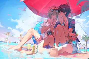 1girl 4boys akechi_gorou amamiya_ren arm_up bare_pectorals beach_umbrella bikini bird black_hair black_shirt blonde_hair bracelet cloud collarbone drink drinking_straw eyewear_on_head food fruit glass hair_between_eyes hashtag-only_commentary highres holding holding_drink holding_water_gun innertube jewelry kitagawa_yuusuke male_focus male_swimwear metoerwarrior multiple_boys necklace ocean open_clothes open_shirt orange_(fruit) orange_slice outdoors palm_tree parted_bangs pectorals persona persona_5 print_shirt red_male_swimwear running sakamoto_ryuuji sandals shirt short_hair short_sleeves sitting sky smile sunglasses swim_ring swimsuit takamaki_anne tree umbrella water water_gun