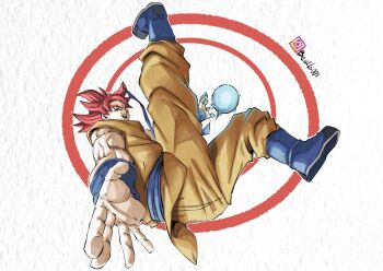 1boy absurdres beatlo_(rodrigo38658978) blue_boots boots dragon_ball dragon_ball_super energy_ball full_body highres instagram_username male_focus medium_hair orange_pants orange_tunic pants red_eyes red_hair solo son_goku spiked_hair super_saiyan super_saiyan_god tunic