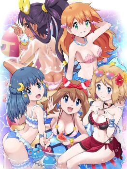 5girls absurdres alternate_breast_size alternate_hairstyle ass azurill bikini blue_eyes blue_hair bow bracelet breasts brown_eyes brown_hair butt_crack casteliacone cleavage dark-skinned_female dark_skin dawn_(pokemon) eyelashes eyewear_on_head flat_chest flower food food_on_face frilled_bikini frills fruit gen_3_pokemon green_eyes hair_bow hair_down hair_flower hair_ornament heart heart-shaped_eyewear highres ice_cream ice_cream_cone innertube iris_(pokemon) jewelry large_breasts licking looking_at_viewer luvdisc may_(pokemon) medium_breasts mermaid_misty_(pokemon) milotic misty_(pokemon) multiple_girls necklace nintendo novelty_glasses partially_submerged pokemoa pokemon pokemon_(anime) pokemon_(classic_anime) pokemon_(creature) pokemon_dppt_(anime) pokemon_journeys pokemon_oras pokemon_xy_(anime) purple_hair ribbon sarong serena_(pokemon) shell shell_bikini smile sunglasses swim_ring swimsuit thighs v water watermelon watermelon_slice wet wrist_ribbon