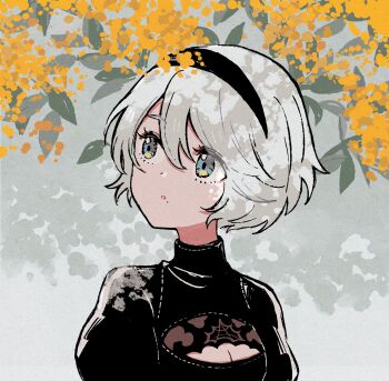 1girl 2b_(nier:automata) autumn_leaves black_hairband blue_eyes breasts cleavage cleavage_cutout clothing_cutout eyelashes hair_between_eyes hairband highres leaf looking_to_the_side looking_up nier:automata nier_(series) nmiznm open_mouth short_hair solo upper_body white_hair