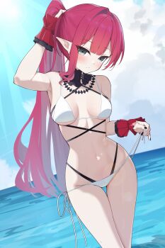 1girl absurdres baobhan_sith_(fate) baobhan_sith_(swimsuit_pretender)_(third_ascension)_(fate) bare_shoulders bikini blue_sky blush breasts cleavage commentary_request detached_collar fate/grand_order fate_(series) grey_eyes highres long_hair looking_at_viewer medium_breasts navel ocean pink_hair pointy_ears ponytail sidelocks sky solo swimsuit thighs white_bikini zerotwenty_(020)