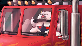 armor baseball_cap clothes_writing driving exhaust_pipe galacta_knight gloves hat highres kirby_(series) mask motor_vehicle nintendo no_humans pauldrons red_eyes semi_truck shibulio shoulder_armor solo truck white_gloves