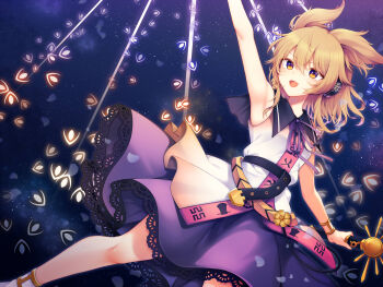 Rule 34 | 1girl, arm up, armpits, bare shoulders, belt, black belt, blonde hair, blue sky, bracelet, breasts, commentary request, danmaku, earmuffs, feet out of frame, flying, gold bracelet, gradient sky, hair between eyes, highres, holding, holding sword, holding weapon, jewelry, looking up, neck ribbon, night, open mouth, outdoors, pointy hair, purple ribbon, purple skirt, purple sky, ribbon, sailor collar, shirt, short hair, skirt, sky, sleeveless, sleeveless shirt, small breasts, smile, socks, solo, spell card, star (sky), starry sky, sun ornament, sword, tama (soon32281), ten desires, touhou, toyosatomimi no miko, v-shaped eyebrows, weapon, white shirt, white socks, yellow eyes