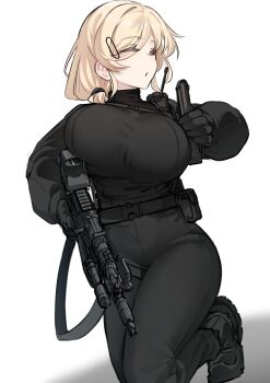 Rule 34 | 1girl, absurdres, belt, black belt, black gloves, black pants, black shirt, black shoes, blonde hair, bow, chest strap, commentary request, flashlight, gloves, gun, gun sling, hair bow, hair ornament, hair over shoulder, hairclip, highres, holding, holding gun, holding weapon, k0ng, kalashnikov rifle, leg up, long sleeves, medium hair, merc-san (k0ng), original, pants, parted lips, radio antenna, shirt, shirt tucked in, shoes, simple background, sneakers, standing, standing on one leg, thigh belt, thigh strap, turtleneck, turtleneck shirt, weapon, white background