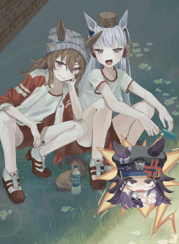 Rule 34 | 1girl, 3girls, absurdres, anger vein, animal ears, beanie, black hair, blue sailor collar, blunt bangs, blush, bottle, bow, bowtie, brown hair, brown hat, commentary request, ear bow, ears through headwear, fenomeno (umamusume), flower, food, gold ship (umamusume), grey hair, grey hat, grin, gym shirt, hair between eyes, hat, highres, holding, holding food, holding popsicle, horse ears, horse girl, horse tail, horseshoe hat ornament, horseshoe ornament, jacket, long hair, long sleeves, multicolored hair, multiple girls, nakayama festa (umamusume), open mouth, parted lips, peaked cap, pointing, popsicle, puffy short sleeves, puffy sleeves, purple bow, purple bowtie, purple eyes, purple hair, purple shirt, red jacket, red shorts, sailor collar, sailor shirt, school uniform, shirt, shoes, short sleeves, shorts, shunka shuto, smile, squatting, tail, tracen school uniform, tracen training uniform, track jacket, umamusume, water bottle, white shirt