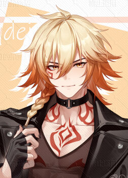 1boy absurdres alternate_costume black_gloves black_jacket black_shirt blonde_hair braid chest_tattoo chinese_commentary commentary_request facial_tattoo fingerless_gloves gloves gradient_hair half_gloves highres honkai:_star_rail honkai_(series) jacket leather leather_jacket male_focus medium_hair multicolored_hair mydei_(honkai:_star_rail) o8622 open_clothes open_jacket red_hair red_tattoo shirt side_braid solo tattoo watermark yellow_eyes