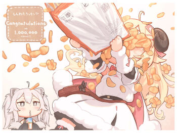 2girls animal_ears bag bag_of_chips bare_shoulders bendy_straw black_jacket black_shirt blonde_hair chips_(food) closed_mouth commentary_request dress drinking drinking_straw food food_on_face fur-trimmed_dress fur-trimmed_jacket fur_trim holding holding_bag hololive horns jacket kozato_(yu_kozato) milestone_celebration multiple_girls off_shoulder outstretched_arms potato_chips sheep_ears sheep_girl sheep_horns shirt shishiro_botan shishiro_botan_(1st_costume) translation_request tsunomaki_watame tsunomaki_watame_(1st_costume) virtual_youtuber white_background white_dress