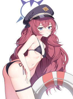 1girl alternate_costume arched_back ass beret bikini black_bikini black_hat blue_archive blush breasts dot_nose grey_eyes hair_between_eyes halo hand_on_own_thigh hat highres innertube iroha_(blue_archive) leaning_forward loli long_hair looking_at_viewer looking_to_the_side navel parted_lips peaked_cap red_hair side-tie_bikini_bottom simple_background small_breasts sob_(submar1089) solo standing swim_ring swimsuit thigh_strap thighs very_long_hair wavy_hair white_background yellow_halo