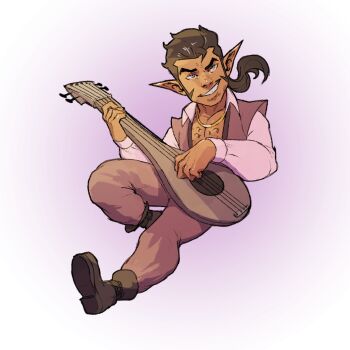 1boy banjo bara black_boots boots brown_hair brown_pants brown_vest chest_hair collared_shirt full_body gradient_background grey_eyes grin holding holding_instrument instrument long_sleeves male_focus medium_hair pants pectoral_cleavage pectorals pointy_ears ponytail radial_gradient_background scanlan_shorthalt shirt smile solo teeth the_legend_of_vox_machina transparent_background vest white_shirt zenpei