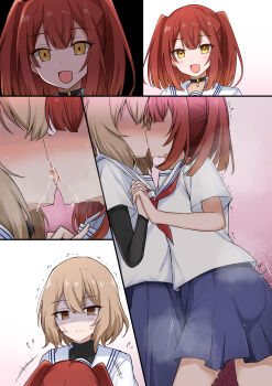 2girls absurdres black_choker blue_skirt blush brown_eyes brown_hair choker closed_mouth commentary_request french_kiss heart highres holding_hands interlocked_fingers kiss medium_hair miroku_(kyon35) multiple_girls open_mouth pussy_juice red_hair sailor_collar saliva school_uniform serafuku shaded_face shirt skirt smile textless_version tongue trembling two_side_up watashi_wo_tabetai_hitodenashi white_sailor_collar white_shirt yaotose_hinako yashiro_miko yellow_eyes yuri