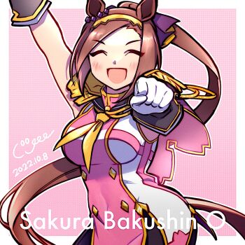 1girl animal_ears arm_up blush brown_hair character_name closed_eyes commentary_request coogee dated dress epaulettes gloves hairband highres horse_ears horse_girl neckerchief open_mouth pink_dress ponytail sakura_bakushin_o_(umamusume) solo umamusume white_gloves yellow_hairband yellow_neckerchief