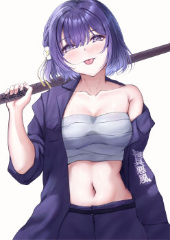 Rule 34 | 1girl, :p, absurdres, blush, bokken, breasts, chest sarashi, coat, collarbone, delinquent, gakuen idolmaster, hataya misuzu, head tilt, highres, holding sweater, idolmaster, japanese text, looking at viewer, medium breasts, misanga (hxjd5354), navel, pants, purple coat, purple eyes, purple hair, purple pants, sarashi, short hair, simple background, single bare shoulder, solo, sukeban, sword, tongue, tongue out, weapon, white background, wooden sword