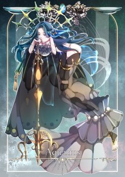 Rule 34 | 1girl, absurdres, aqua background, aquarius (zodiac), barefoot, black cape, black leggings, blue flower, blue rose, blue veil, breasts, cape, closed mouth, clothing cutout, curtained hair, erc, floating, flower, full body, green nails, grey skirt, hand on hilt, head chain, head rest, highres, hip vent, hobble skirt, holding, holding polearm, holding weapon, huge breasts, jewelry, leaning forward, leggings, leotard, long hair, long legs, long skirt, nail polish, original, parted bangs, polearm, purple eyes, rose, side cape, skirt, sky, smile, solo, star (sky), starry sky, toenail polish, toenails, trident, veil, very long hair, weapon, white leotard, zodiac