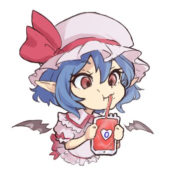 1girl ascot bat_wings bifidus_(exkagerou8665) blood blood_bag blue_hair cropped_torso drinking_blood hat hat_ribbon mob_cap pink_hat pointy_ears red_ascot red_eyes red_ribbon remilia_scarlet ribbon solo touhou white_background wings