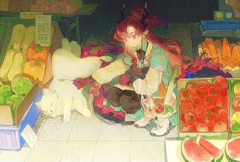 Rule 34 | 1boy, animal, arknights, black pants, box, cardboard box, carrot, cat, chinese commentary, colored extremities, commentary request, dragon bean (arknights), dragon boy, dragon horns, dragon tail, food, fruit, full body, green jacket, highres, holding, holding animal, horns, jacket, light smile, long hair, male focus, official alternate costume, pants, pants rolled up, pointy ears, ponytail, pumpkin, red hair, red hands, shoes, sneakers, solo, squash, tail, tomato, watermelon, watermelon slice, white shoes, yqioff, yu (arknights), yu (clear morning view) (arknights)