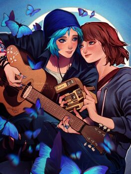 2girls aqua_hair aqua_nails beanie black_jacket blue_butterfly blue_hat brown_hair bug butterfly camera chloe_price couple freckles grey_hoodie guitar hat holding holding_camera holding_guitar holding_instrument hood hoodie insect instrument jacket jewelry life_is_strange_(series) life_is_strange_1 looking_at_another max_caulfield multiple_girls multiple_rings nail_polish parted_lips playing_guitar playing_instrument purple_shirt ring shirt short_hair tholia_bentz thumb_ring twitter_username white_shirt yuri