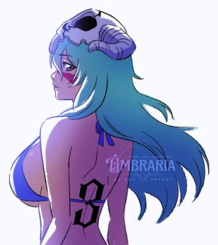 Rule 34 | 1girl, artist name, back tattoo, bikini, bleach, blue bikini, breasts, brown eyes, commentary, english commentary, facial mark, from behind, green hair, highres, huge breasts, long hair, looking back, nelliel tu odelschwanck, number tattoo, sideboob, skull on head, solo, swimsuit, tattoo, umbra (edits umbra), underboob, upper body, watermark