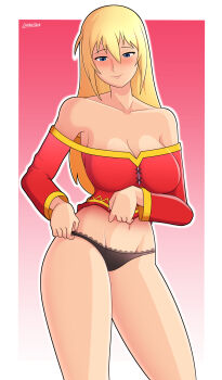 Rule 34 | 1girl, absurdres, artist name, bare shoulders, black panties, blonde hair, blue eyes, blush, breasts, cleavage, closed mouth, cosplay, darkness (konosuba), dress, female focus, hair between eyes, highres, kono subarashii sekai ni shukufuku wo!, lackatask, long hair, long sleeves, megumin, megumin (cosplay), navel, off-shoulder, off-shoulder dress, off shoulder, panties, red dress, solo, underwear
