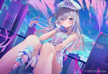 1girl amane_kanata amane_kanata_(heavenly_guard_mission) arm_between_legs blue_eyes blush building caution_tape chain-link_fence cityscape commentary_request copyright_notice fence fingerless_gloves gloves grey_hair hat holding_toy_gun hololive kanda_done keep_out long_hair looking_at_viewer neon_palette official_art outdoors parted_lips partially_fingerless_gloves peaked_cap police_hat solo toy_gun virtual_youtuber white_gloves white_hat