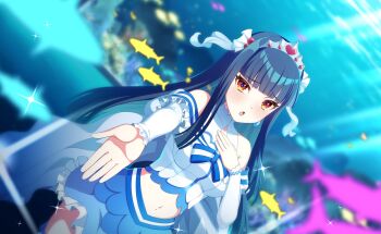 Rule 34 | 1girl, bare shoulders, black hair, blue hair, blue skirt, blunt bangs, blurry, blurry background, blurry foreground, blush, bow, breasts, commentary request, cowboy shot, crop top, depth of field, detached sleeves, frills, game cg, highres, idol, long hair, looking at viewer, medium breasts, midriff, miniskirt, navel, official art, open mouth, senju koyomi, shirt, sidelocks, skirt, solo, sparkle, sparkle background, standing, stomach, third-party source, tiara, very long hair, world dai star
