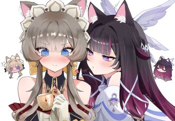 2girls @_@ animal_ear_fluff animal_ears bare_shoulders black_collar black_hair blue_eyes blunt_bangs blush brown_hair cat_ears chibi chibi_inset closed_mouth collar columbina_(genshin_impact) cup detached_collar detached_sleeves dress frilled_sleeves frills genshin_impact gloves hair_ribbon hashtag-only_commentary head_wings headdress heart highres holding holding_cup long_hair looking_at_another meowing meoyami multicolored_hair multiple_girls pink_hair purple_eyes ribbon sandrone_(genshin_impact) simple_background twitter_username two-tone_hair upper_body white_background white_dress white_gloves white_ribbon white_wings wings yuri