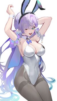 Rule 34 | 1girl, :d, absurdres, alternate costume, animal ears, aqua eyes, armpits, arms up, bare shoulders, belt collar, black pantyhose, blue hair, breasts, cleavage, collar, commentary, covered navel, detached collar, detached sleeves, fake animal ears, gradient hair, hair intakes, head wings, highleg, highleg leotard, highres, honkai: star rail, honkai (series), jewel under eye, knees out of frame, large breasts, leotard, long hair, looking at viewer, multicolored hair, one eye closed, open mouth, pantyhose, playboy bunny, rabbit ears, robin (honkai: star rail), simple background, smile, solo, strapless, strapless leotard, totomong, very long hair, white background, white collar, white leotard, white sleeves, white wrist cuffs, wings, wrist cuffs