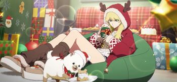 1girl antlers bean_bag_chair black_thighhighs bleach bleach:_brave_souls blonde_hair burn_the_witch candy candy_cane christmas christmas_lights christmas_ornaments christmas_present christmas_stocking christmas_tree collarbone couch dog drinking fake_antlers flat_chest food gift green_eyes hair_ornament hat hood hoodie horns hot_chocolate indoors jeans_shorts knee_socks long_hair ninny_spangcole official_alternate_costume official_art osushi_(burn_the_witch) shoes sweater thighhighs