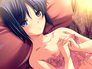 1girl bare_arms blue_hair blush breasts breasts_out corset game_cg kiriya_hakushaku-ke_no_roku_shimai kiriya_sumire looking_at_viewer lying m&amp;m_(mickey_and_mackey) on_back own_hands_together pink_corset purple_eyes short_hair small_breasts smile solo upper_body