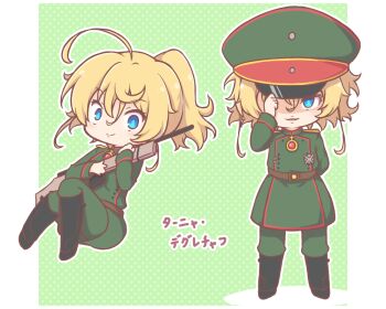 1girl black_boots blonde_hair blue_eyes boots border chibi commentary_request green_background green_hat green_jacket green_pants gun hair_between_eyes hat holding holding_gun holding_weapon jacket knee_boots military_hat military_uniform mitarashi_neko multiple_views pants parted_lips peaked_cap polka_dot polka_dot_background shadow tanya_degurechaff translated weapon weapon_request white_border youjo_senki