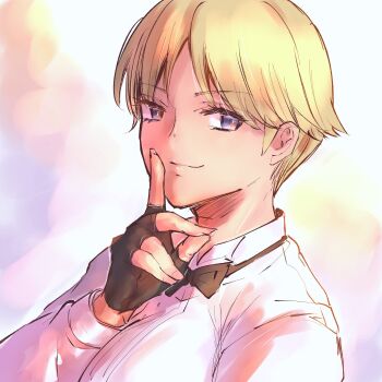 1girl blonde_hair blue_eyes breasts chakuchiten gloves king_(snk) large_breasts pale_skin shirt short_hair smile smiley_face the_king_of_fighters white_shirt