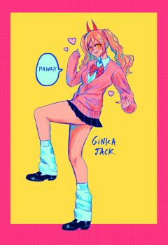 1girl black_shoes black_skirt blonde_hair border bow bowtie cardigan chainsaw_man character_name cross-shaped_pupils demon_girl demon_horns english_text fake_nails full_body ginka_jack gyaru gyaru_v hair_between_eyes heart highres horns knee_up kogal leg_warmers lipstick loafers long_hair long_hair_between_eyes looking_at_viewer loose_bowtie loose_socks makeup pink_border pleated_skirt power_(chainsaw_man) red_horns ringed_eyes scrunchie sharp_teeth shirt shoes skirt sleeves_past_wrists socks solo speech_bubble standing standing_on_one_leg symbol-shaped_pupils teeth twintails v white_leg_warmers white_shirt yellow_background