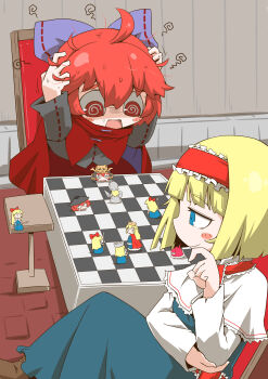 6+girls :3 @_@ absurdres ahoge alice_margatroid animal_hood armor arms_at_sides arms_up black_hat black_shirt blonde_hair blue_dress blue_eyes blunt_bangs blush_stickers board_game boots bow brown_footwear brown_shoes cape capelet cat_hood chair chess chess_piece chessboard chibi crossed_legs crown disembodied_head dress elbow_rest female_focus frilled_capelet frilled_hairband frilled_ribbon frills from_behind hair_between_eyes hair_bow hairband half-closed_eyes hand_to_own_mouth hands_on_own_head hat helm helmet highres holding holding_lance holding_polearm holding_shield holding_spear holding_weapon hood indoors japanese_armor jitome kabuto_(helmet) knees_up knight_(chess) lance large_bow long_hair long_sleeves looking_at_another looking_back looking_to_the_side multiple_girls neck_ribbon o_o on_chair open_mouth playing_games polearm purple_bow red_cape red_hairband red_ribbon ribbon sekibanki shaded_face shield shirt shoes short_hair sitting smirk spear standing straight_hair surprised sweat table tareme touhou weapon zannen_na_hito
