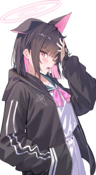 1girl absurdres animal_ears black_hair black_jacket blue_archive blush cat_ears cat_girl commentary extra_ears halo hand_in_pocket highres jacket long_sleeves looking_at_viewer neckerchief one_eye_closed open_clothes open_jacket open_mouth pink_eyes pink_hair pink_halo pink_neckerchief shirt short_hair single_ear_down skirt solo wh0_r_uo_o white_background white_shirt white_skirt