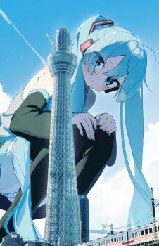 1girl absurdres ahoge aqua_eyes aqua_hair aqua_nails aqua_panties black_skirt black_sleeves black_thighhighs blue_sky city detached_sleeves eyes_visible_through_hair giant giantess grey_shirt hair_between_eyes hair_over_one_eye hands_on_own_knees hatsune_miku head_tilt highres long_hair looking_at_viewer outdoors panties pantyshot radio_tower shirt single_hair_intake skirt sky sleeveless sleeveless_shirt solo squatting striped_clothes striped_panties sweat thighhighs train tsuchinoko_(tutituti0125) twintails underwear very_long_hair vocaloid white_panties