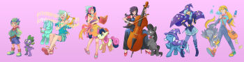 1boy 5girls absurdres anklet apron aqua_hair armband bag baking bandana bare_shoulders beamed_quavers blonde_hair blowing_bubbles blue_eyes blue_hair bonbon_(my_little_pony) book boots bow bow_(music) bowtie bubble candy cape cello choker closed_eyes creature_and_personification cupcake derpy_hooves detached_collar ditzy_doo_(mlp) dress dual_persona earrings elbow_gloves envelope evening_gown food gem gloves gomipomi hairband hand_on_own_hip hat high_heels highres horse instrument jewelry knee_boots long_hair long_image looking_at_viewer lyra_heartstrings lyre mouth_hold muffin multicolored_hair multiple_girls musical_note my_little_pony my_little_pony:_friendship_is_magic octavia_melody open_mouth pantyhose pegasus personification pink_background pleated_skirt pony_(animal) ponytail purple_eyes purple_hair purple_theme quaver ribbon sandals shoes shorts simple_background sitting skirt slippers smile spike_(my_little_pony) musical_staff star_(symbol) sweetie_drops treble_clef trixie_lulamoon two-tone_hair unicorn visor_cap wand wide_image wizard_hat wrist_cuffs yellow_eyes
