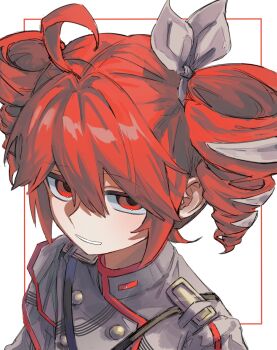 Rule 34 | 1girl, ahoge, bow, buttons, commentary, double-breasted, drill hair, grin, hair bow, hair ribbon, hashtag-only commentary, highres, hishaku (hisyakusama), jitome, kasane teto, kasane teto (sv), portrait, red eyes, red hair, ribbon, smile, solo, synthesizer v, twin drills, utau