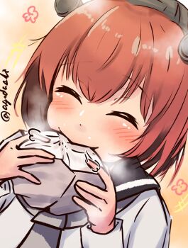 1girl agodashi black_sailor_collar brown_hair commentary_request dress eating food grey_neckerchief headgear kantai_collection neckerchief one-hour_drawing_challenge sailor_collar sailor_dress short_hair solo steamed_bun twitter_username upper_body white_dress yukikaze_(kancolle) yukikaze_kai_ni_(kancolle)