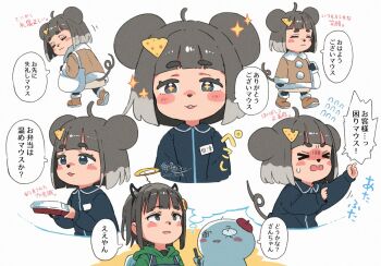 >_< +_+ 1boy 2girls ahoge animal_ears ano_ko_wa_toshi_densetsu artist_self-insert beret black_gloves black_hair black_pantyhose black_shirt blush_stickers boots brown_boots brown_jacket brown_skirt cheese_hair_ornament closed_eyes closed_mouth collared_shirt commentary_request drawstring dress_shirt fake_halo fake_horns flying_sweatdrops food-themed_hair_ornament fur-trimmed_boots fur-trimmed_jacket fur_trim gloves gomennasai green_hoodie grey_hair hair_ornament halo hat hood hood_down hoodie horns jacket long_sleeves mouse_ears mouse_girl mouse_tail multicolored_hair multiple_girls pantyhose parted_lips puffy_long_sleeves puffy_sleeves red_hat shirt short_eyebrows skirt sleeves_past_wrists sparkle tail thick_eyebrows tilted_headwear translation_request two-tone_hair wavy_mouth white_background zangyaku-san